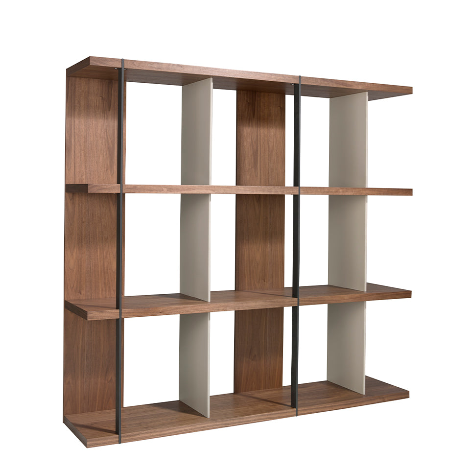 Walnut wood shelving with lacquered sides and black steel