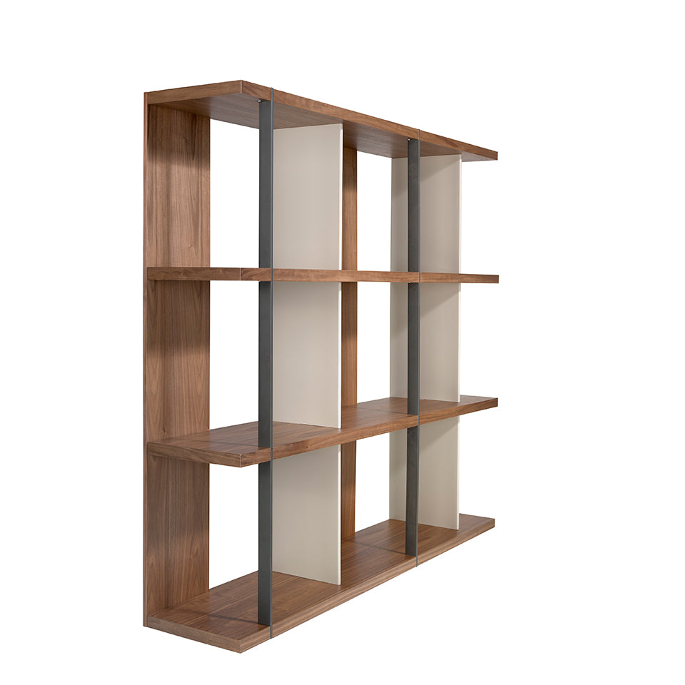 Walnut wood shelving with lacquered sides and black steel