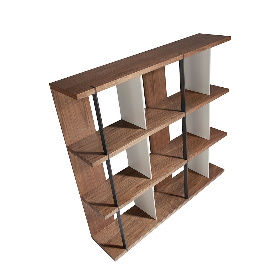 Walnut wood shelving with lacquered sides and black steel