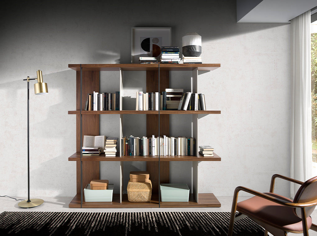 Walnut wood shelving with lacquered sides and black steel