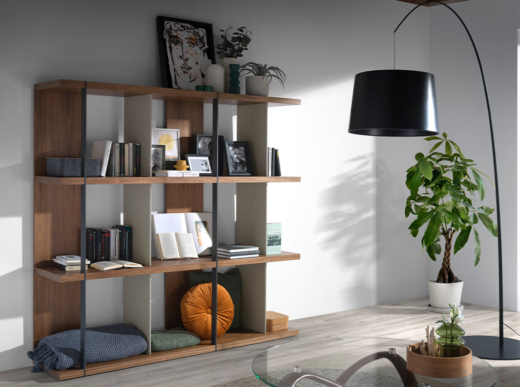 Walnut wood shelving with lacquered sides and black steel