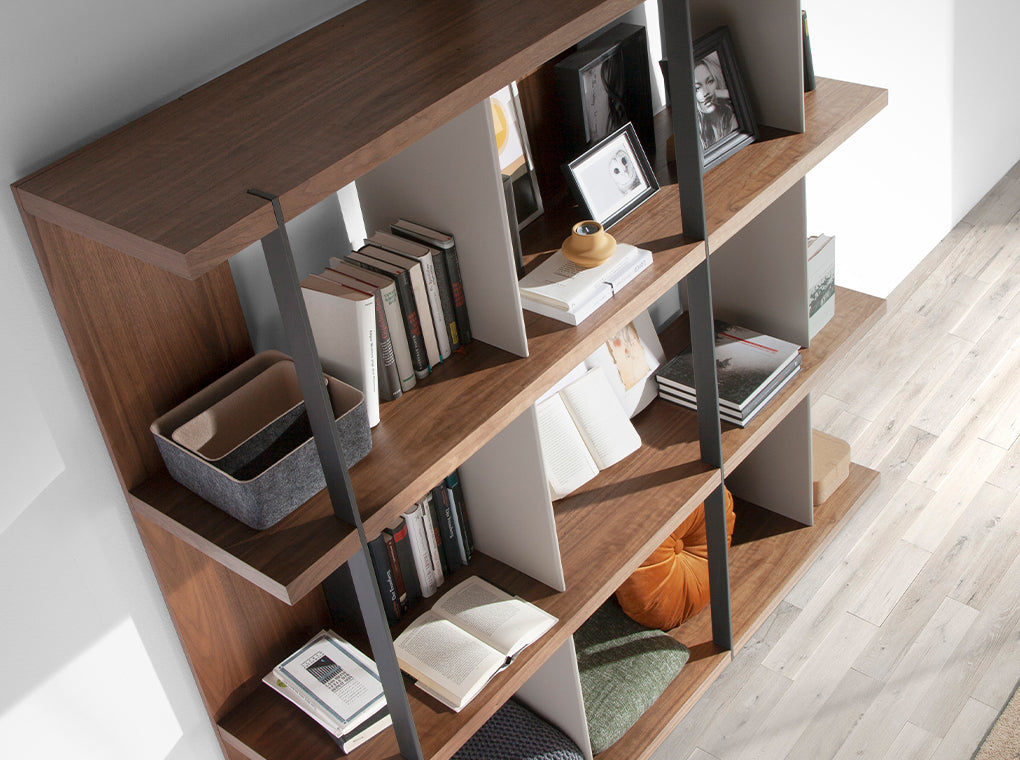 Walnut wood shelving with lacquered sides and black steel