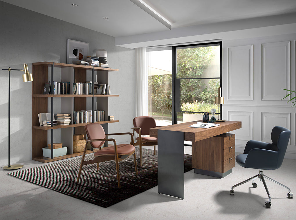 Walnut wood shelving with lacquered sides and black steel