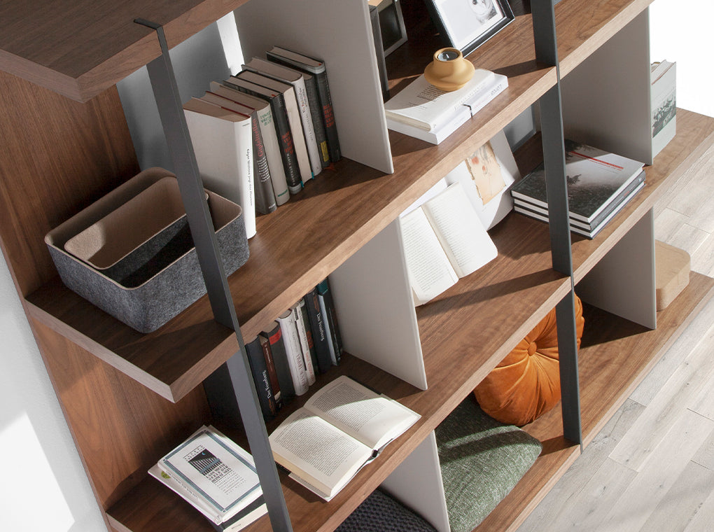 Walnut wood shelving with lacquered sides and black steel