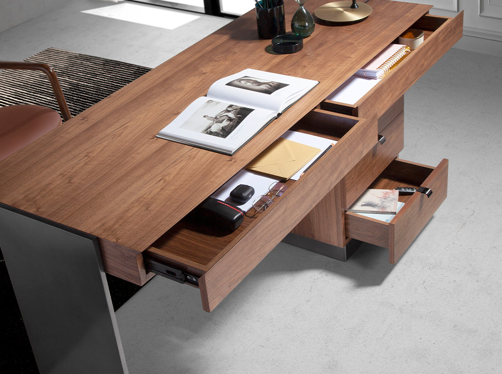 Office desk in Walnut wood and polished steel