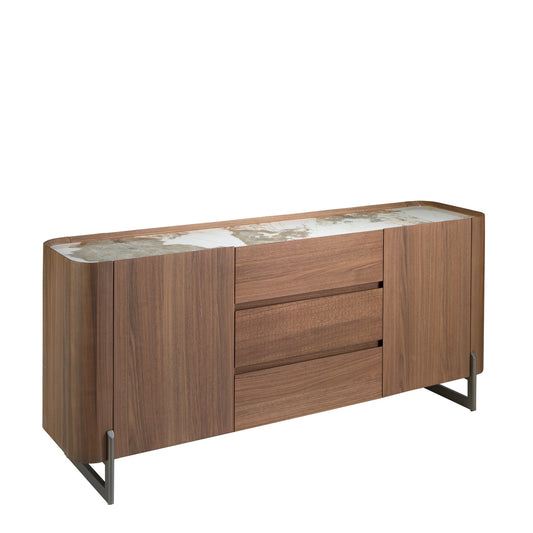 Walnut and dark metallised steel sideboard with porcelain marble top