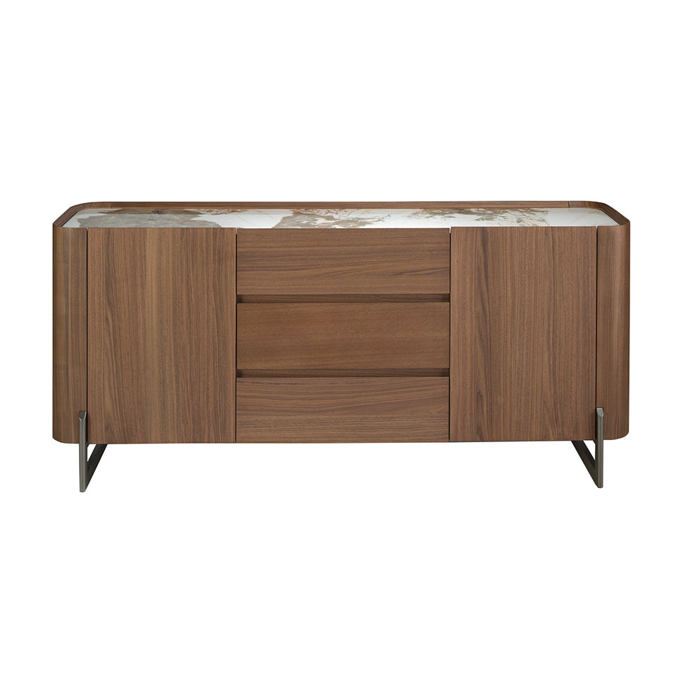 Walnut and dark metallised steel sideboard with porcelain marble top