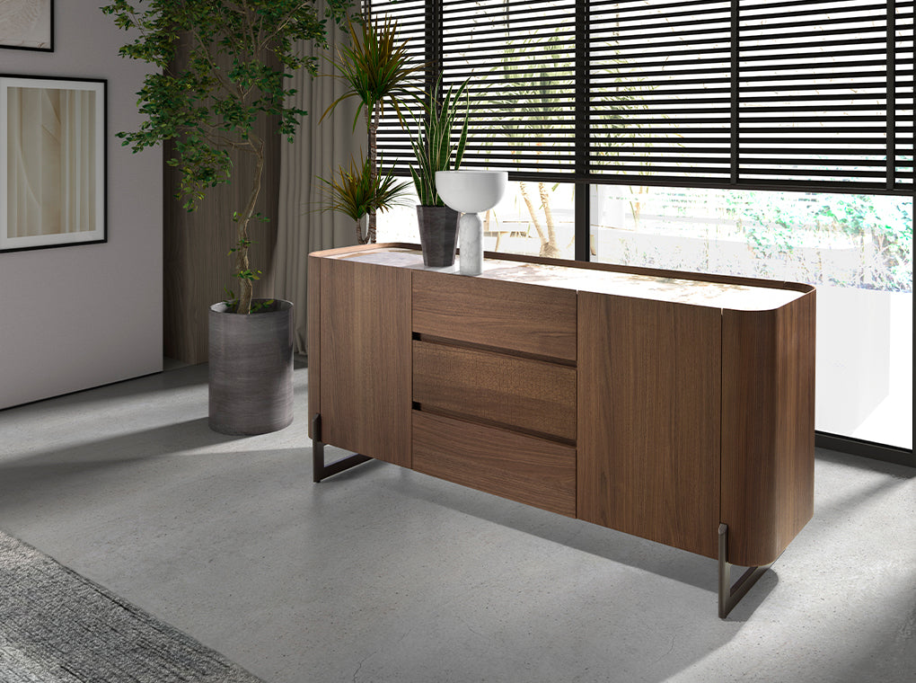 Walnut and dark metallised steel sideboard with porcelain marble top