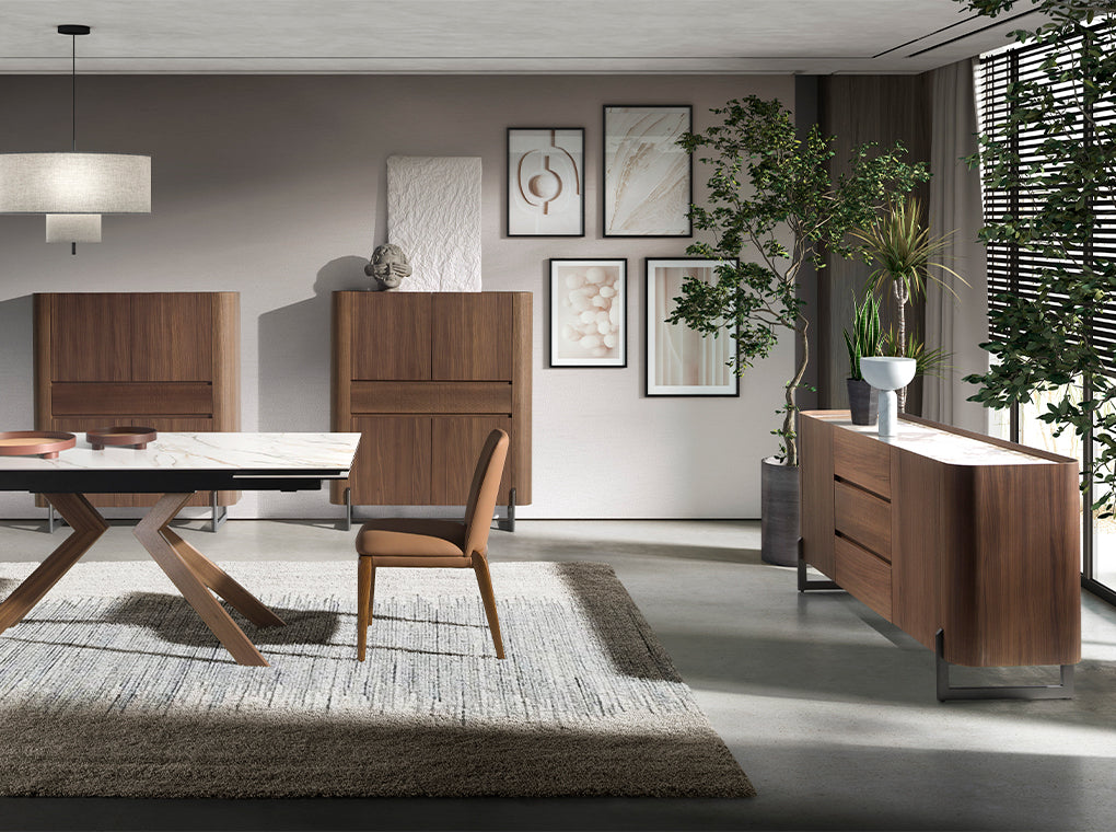 Walnut and dark metallised steel sideboard with porcelain marble top