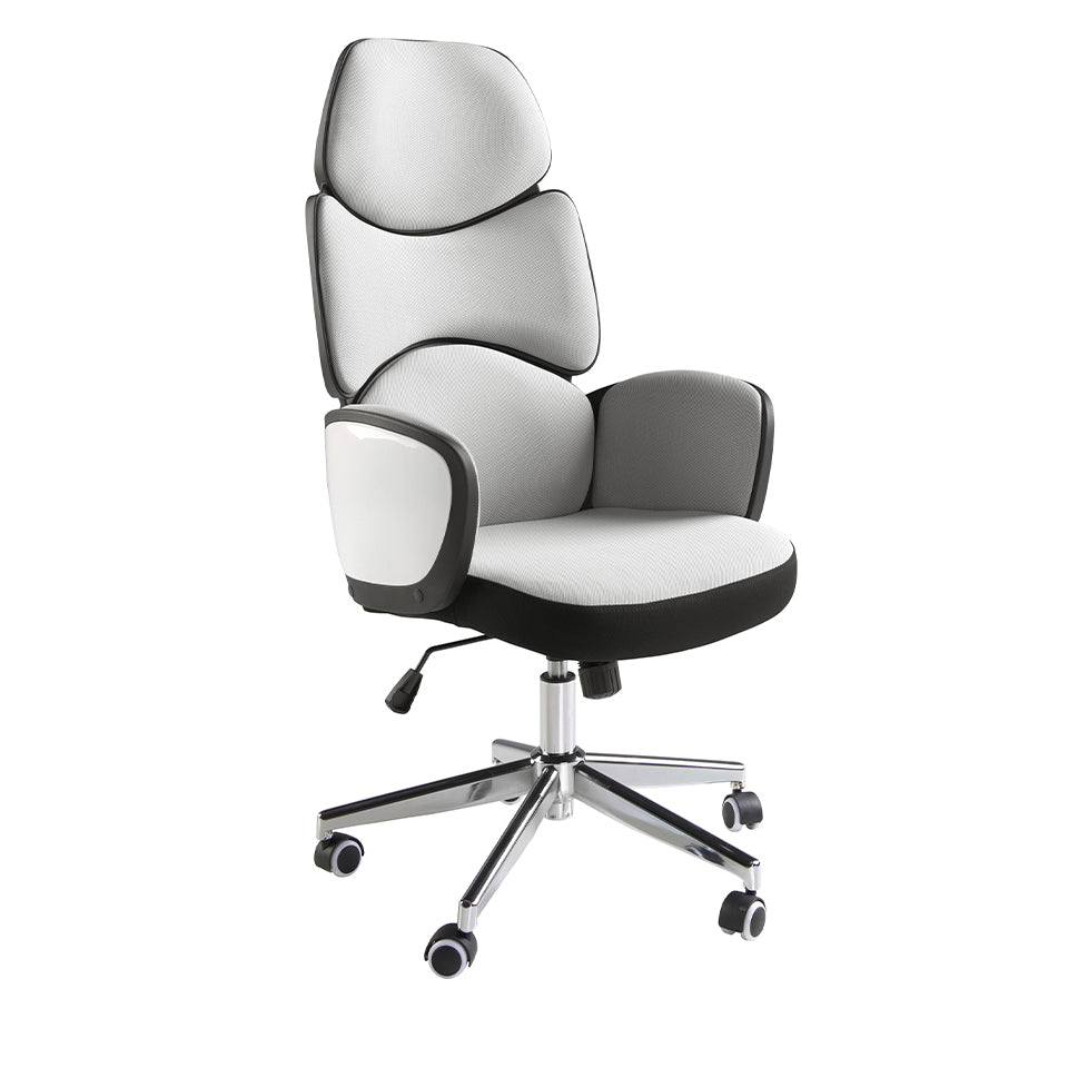 Office swivel chair light grey fabric and glossy white pvc