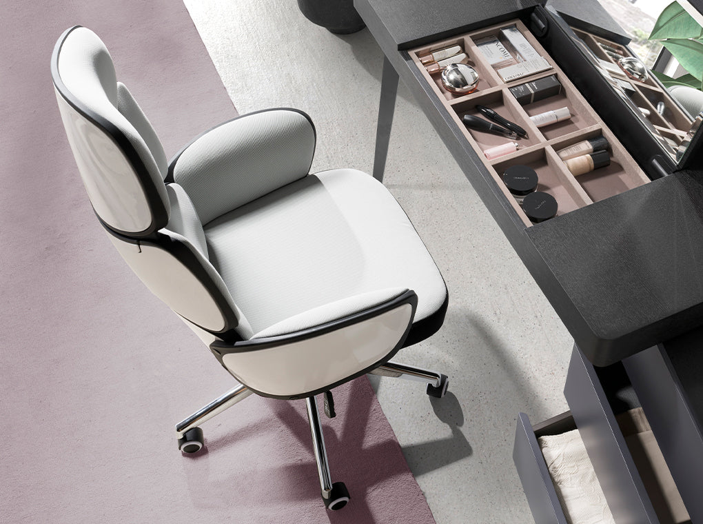 Office swivel chair light grey fabric and glossy white pvc