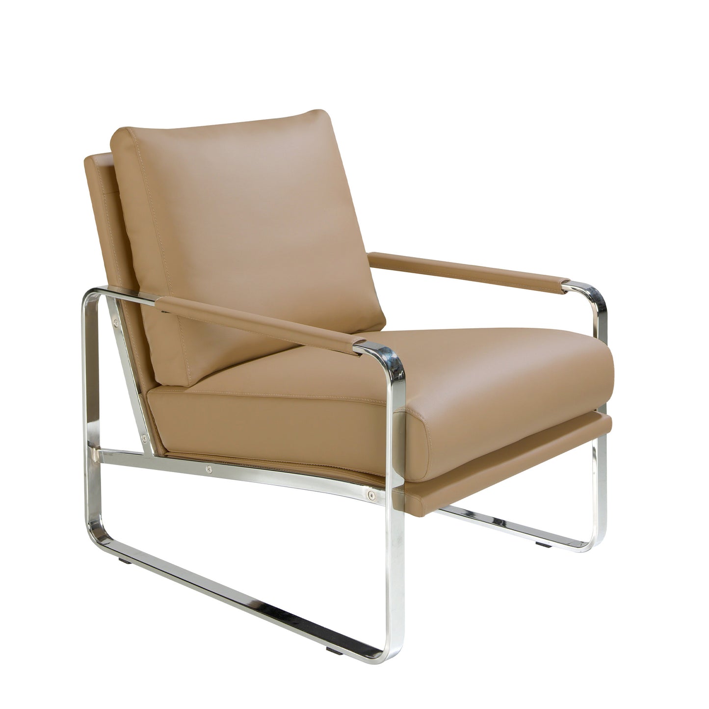 Armchair upholstered in leatherette and chrome steel legs