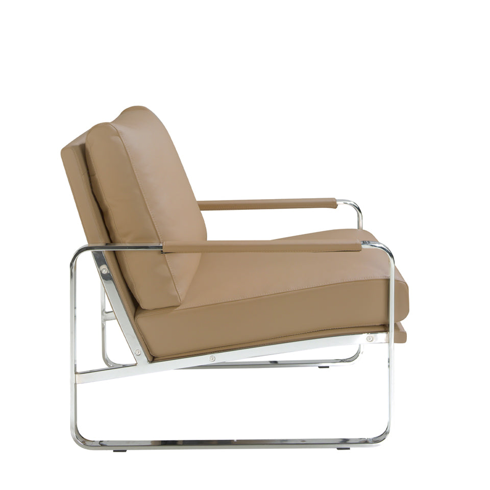 Armchair upholstered in leatherette and chrome steel legs