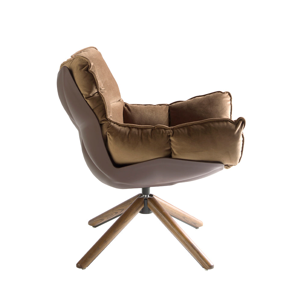 Brown velvet swivel armchair