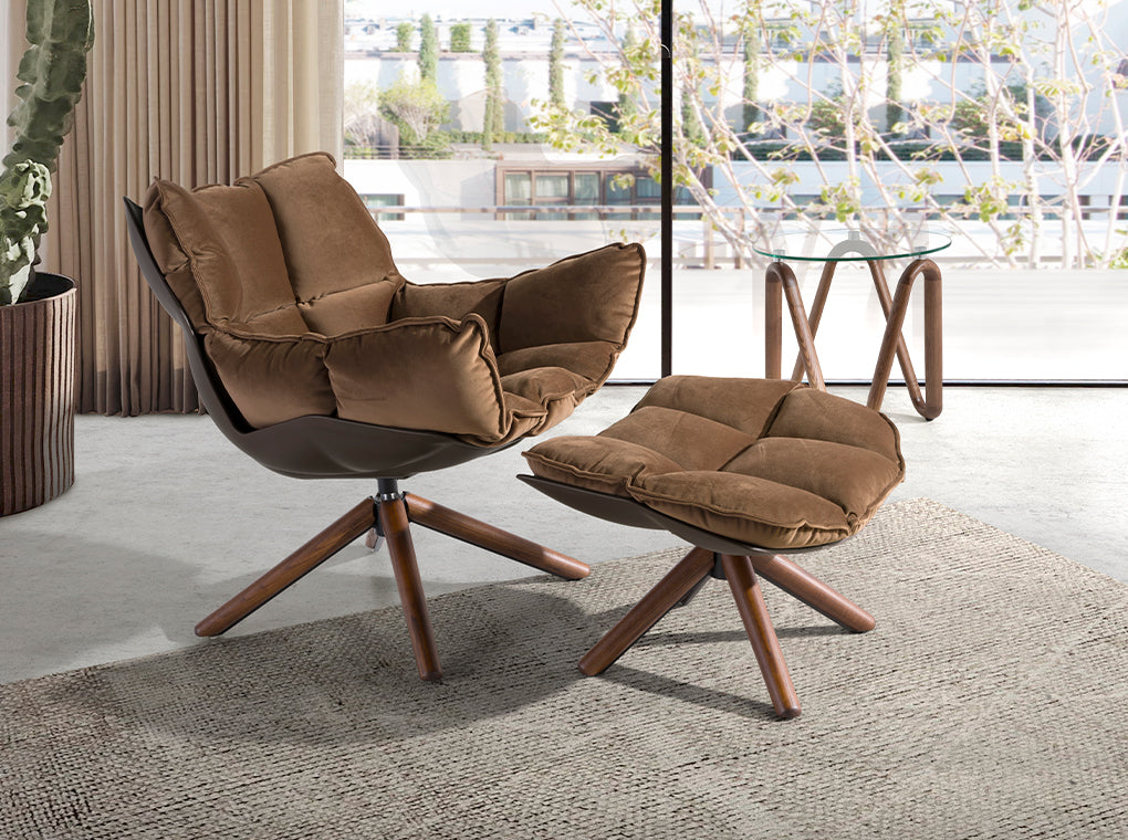 Brown velvet swivel armchair