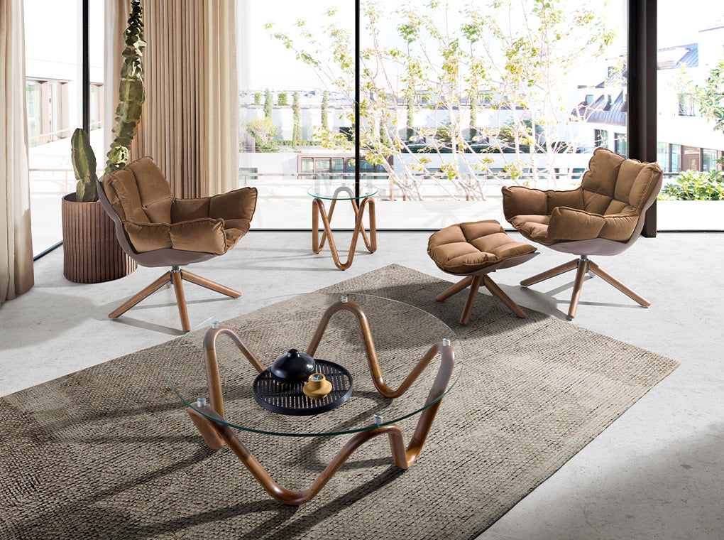 Brown velvet swivel armchair