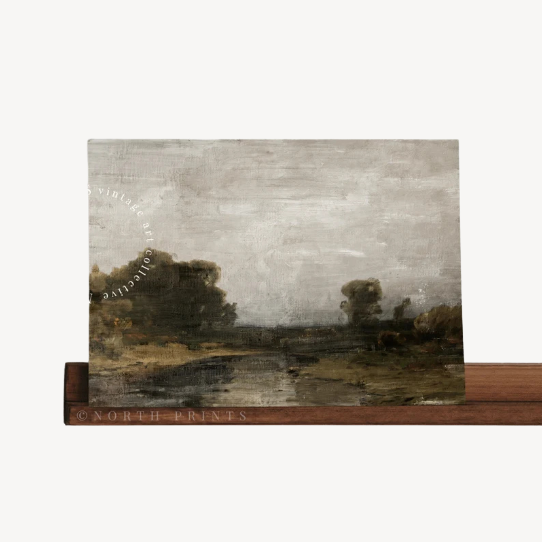 Paisaje campestre con río – Lámina artística vintage imprimible