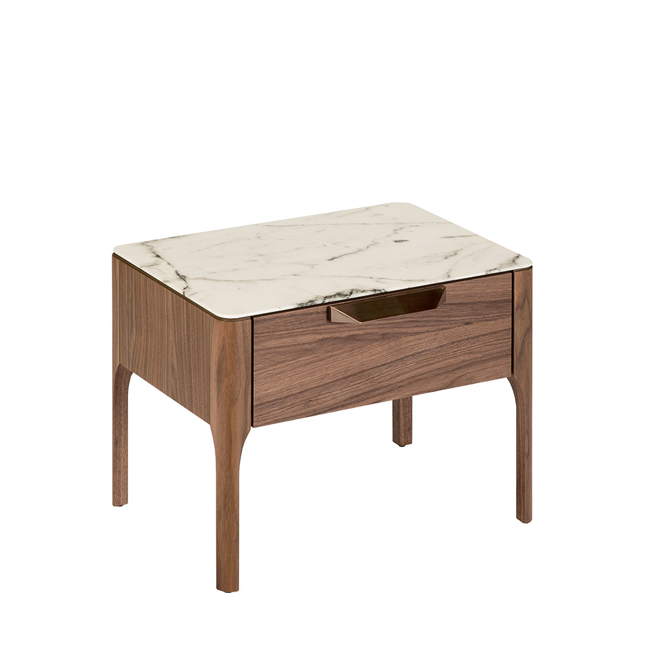 Fiberglass bedside table with Calacatta marble effect and Walnut wood