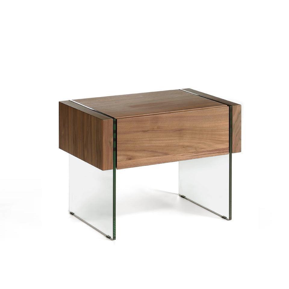 Walnut wood nightstand and tempered glass