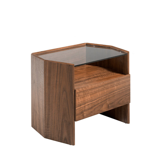 Hexagonal nightstand in walnut wood and tempered glass