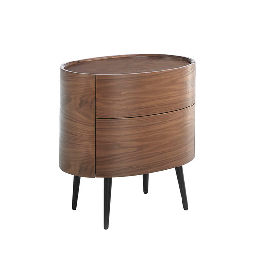 Oval bedside table in walnut wood and black steel legs