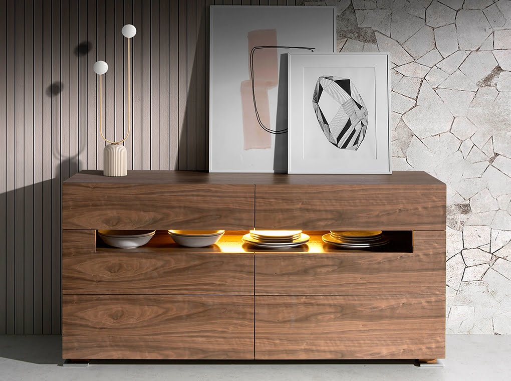 Walnut wood sideboard with interior led lighting