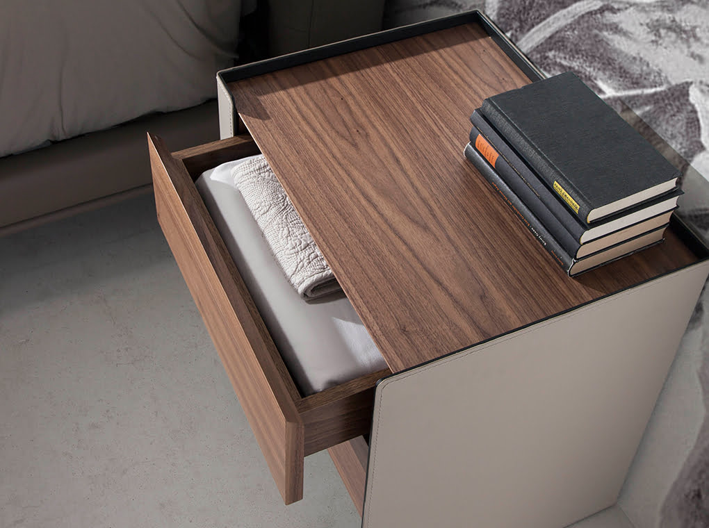 Bedside table walnut wood and recycled leather