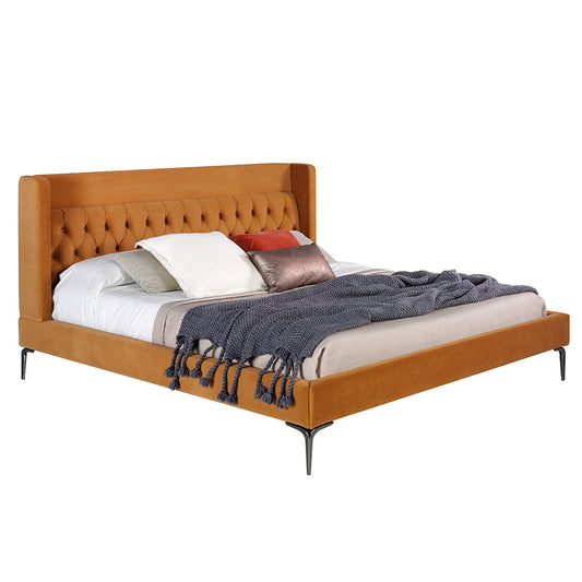 Upholstered bed upholstered in velvet fabric with polished steel legs