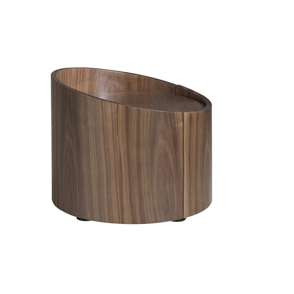 Round bedside table in walnut wood.