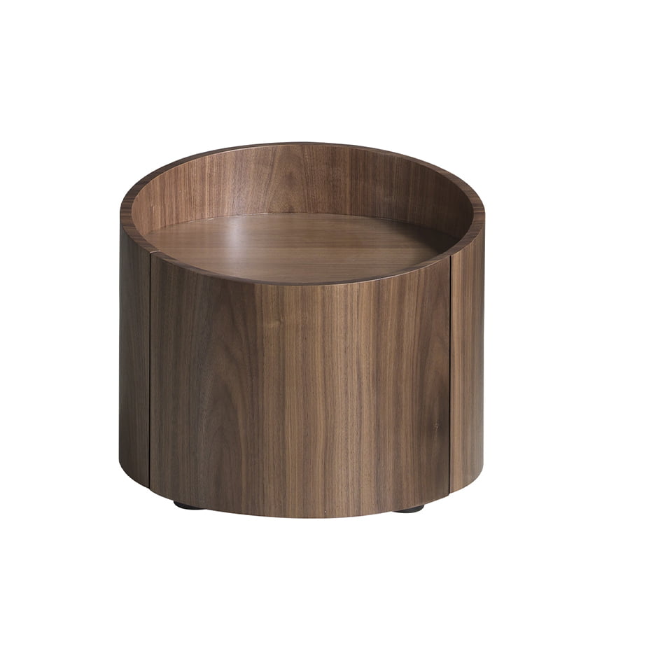 Round bedside table in walnut wood.