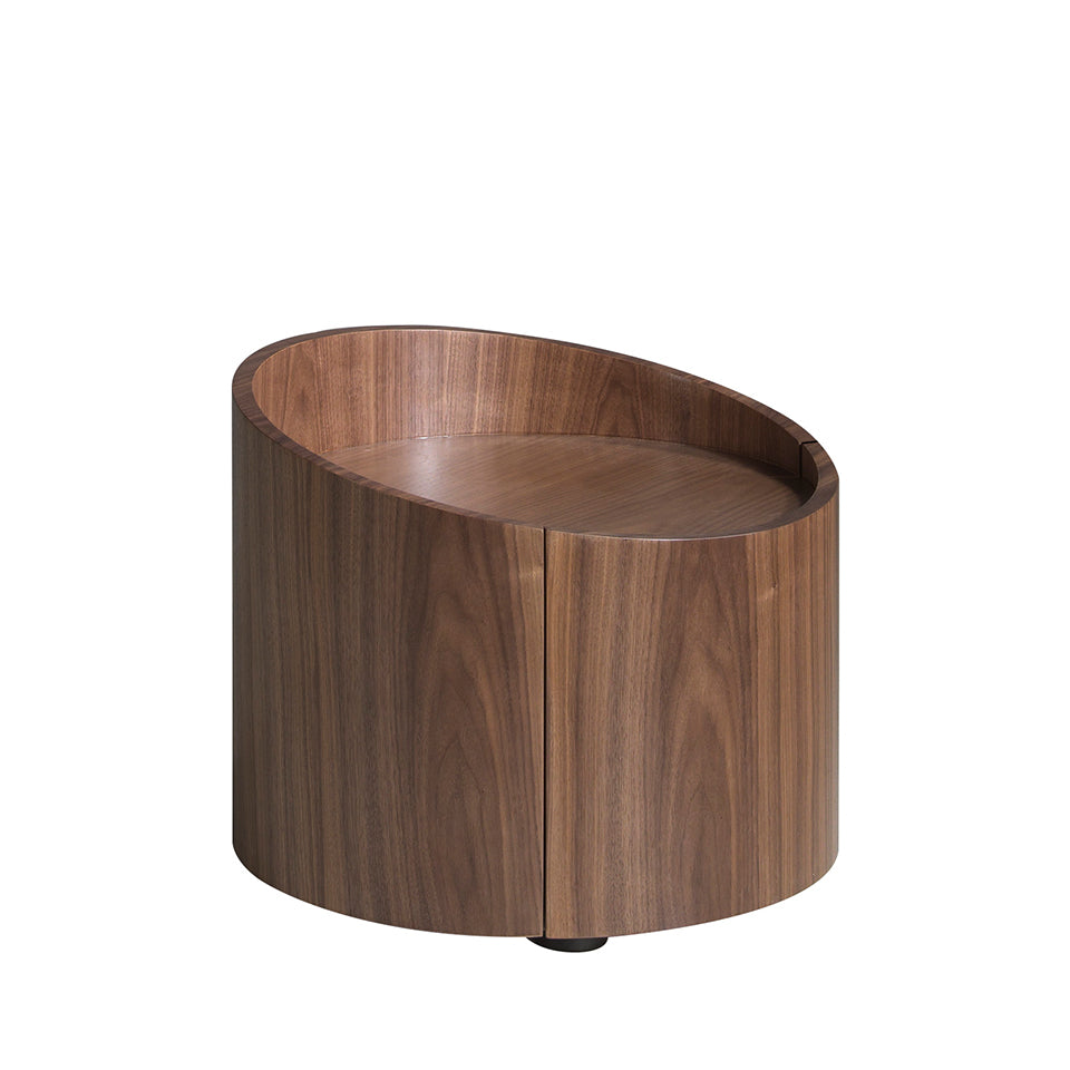 Round bedside table in walnut wood.