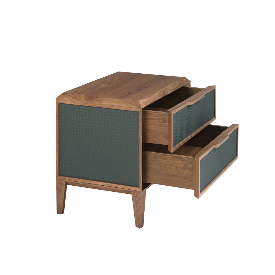 Dark green pvc and walnut bedside table