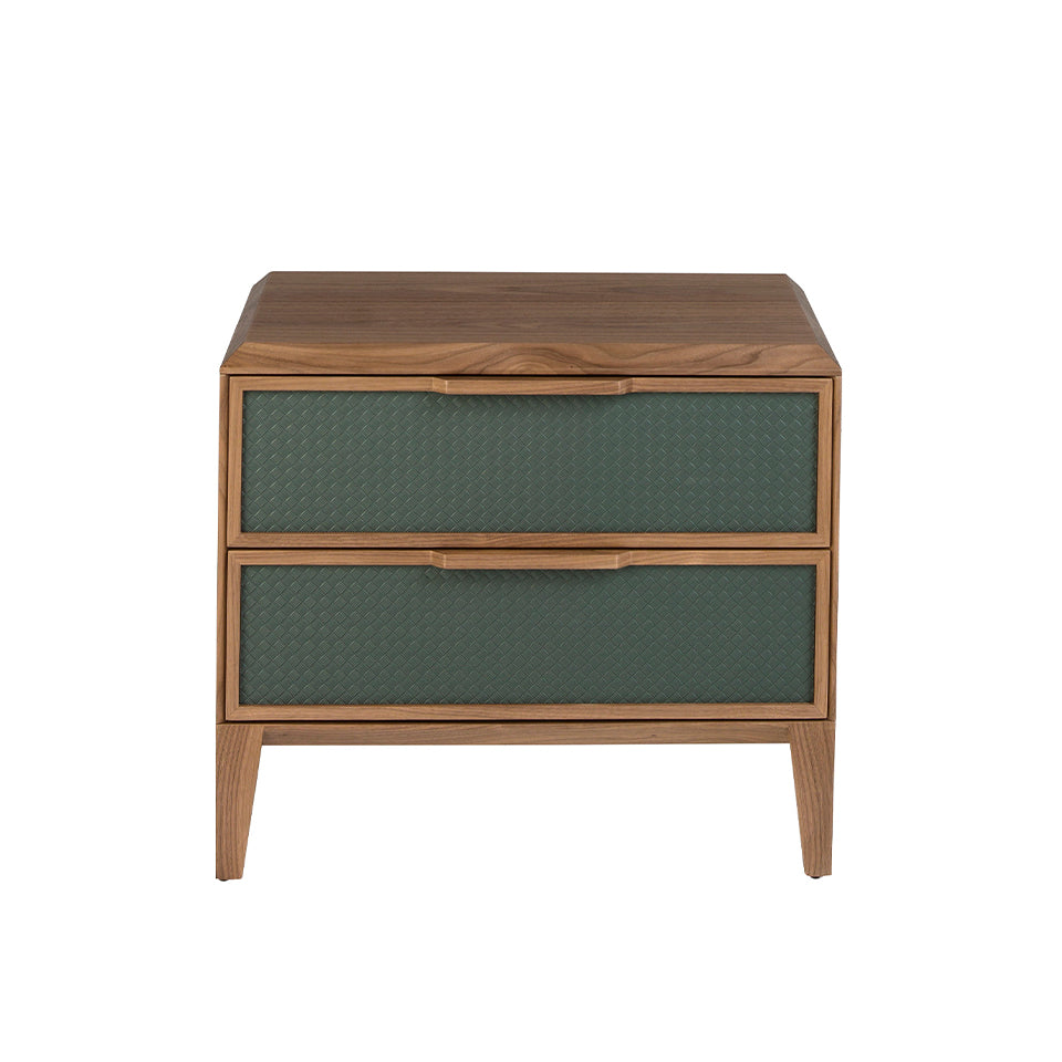 Dark green pvc and walnut bedside table