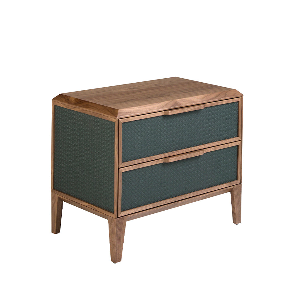 Dark green pvc and walnut bedside table