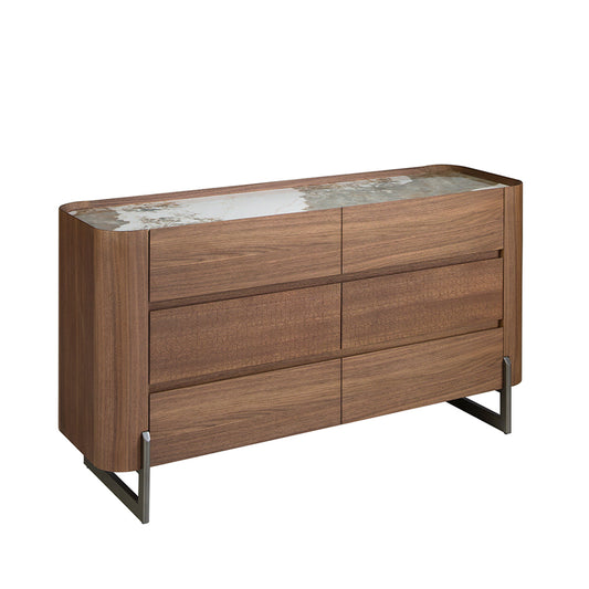 Chest of drawers walnut and metallic dark steel with porcelain marble top