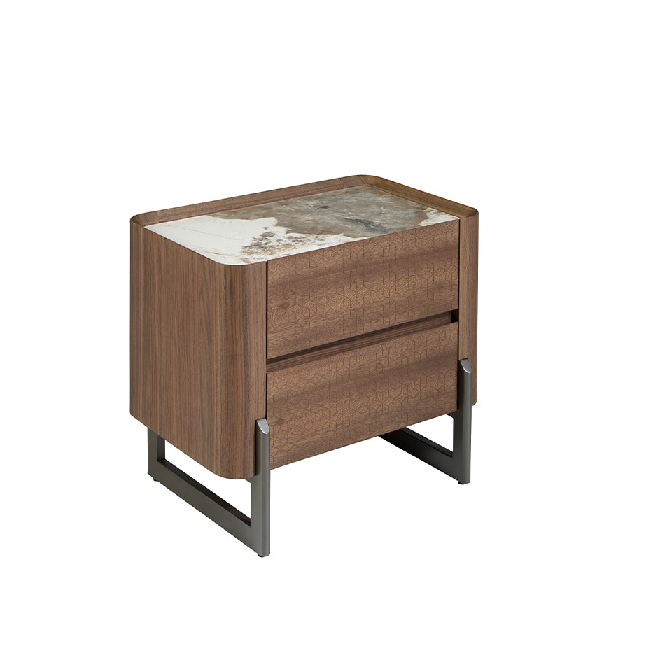 Walnut and metallised dark steel bedside table with porcelain marble top