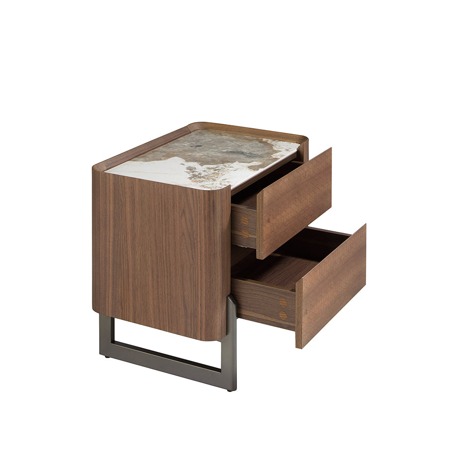 Walnut and metallised dark steel bedside table with porcelain marble top