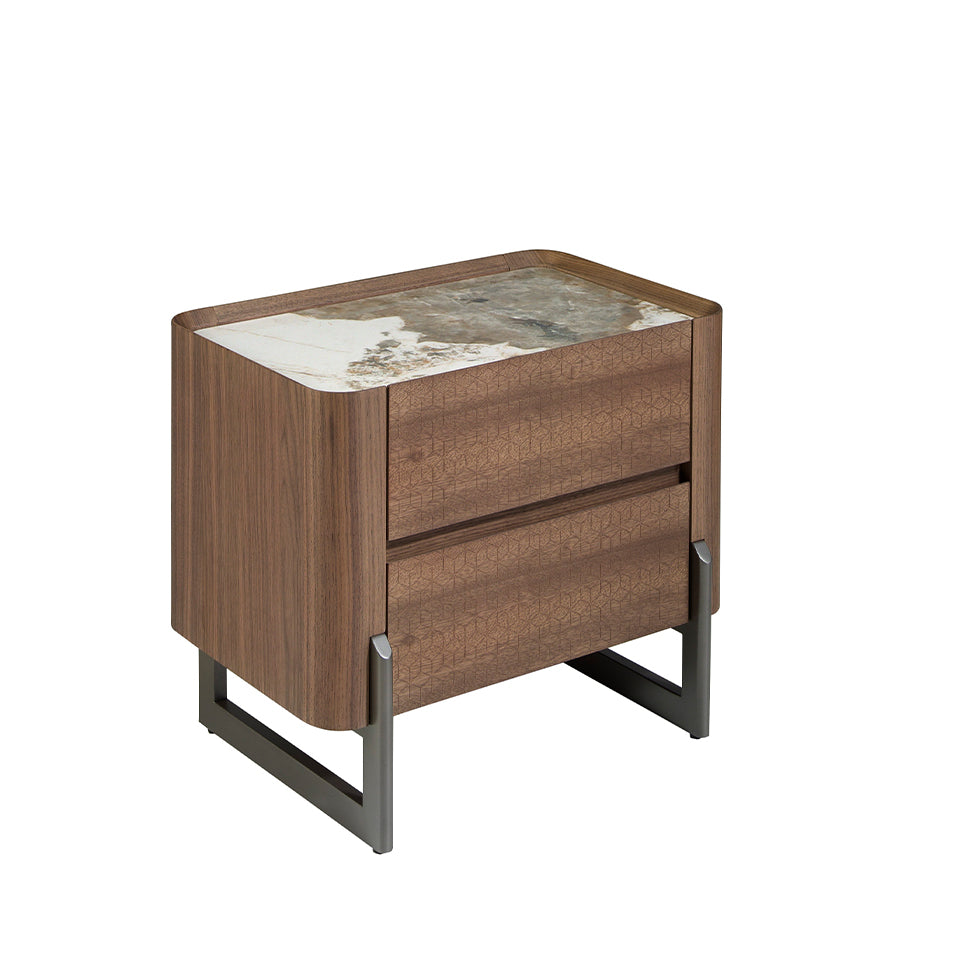 Walnut and metallised dark steel bedside table with porcelain marble top