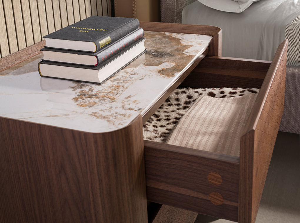 Walnut and metallised dark steel bedside table with porcelain marble top