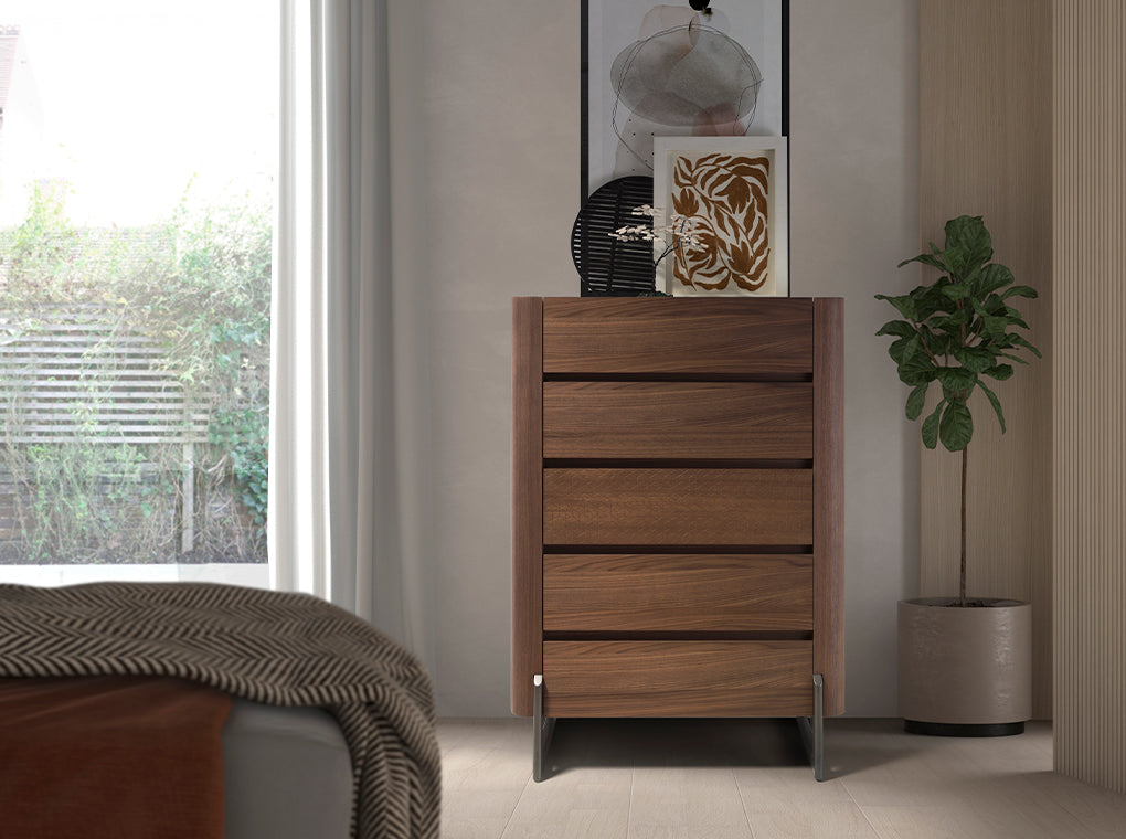 Walnut and metallic dark steel chiffonier with porcelain marble top