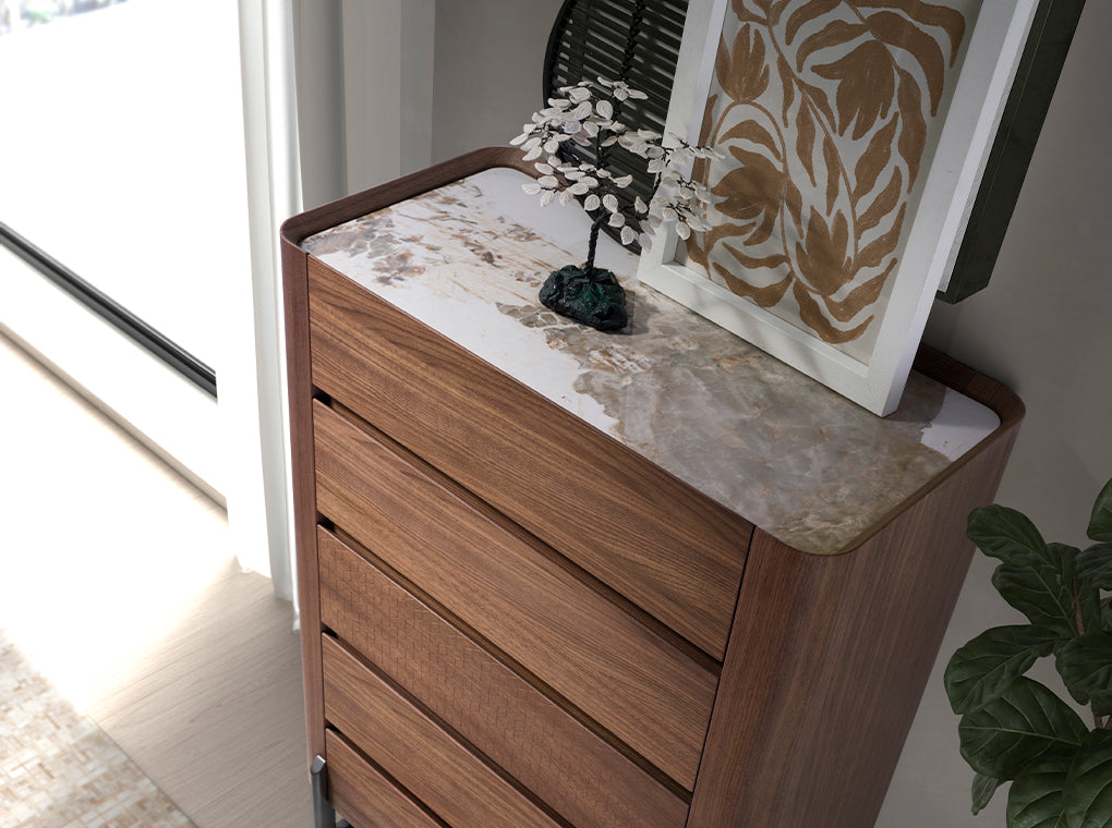 Walnut and metallic dark steel chiffonier with porcelain marble top