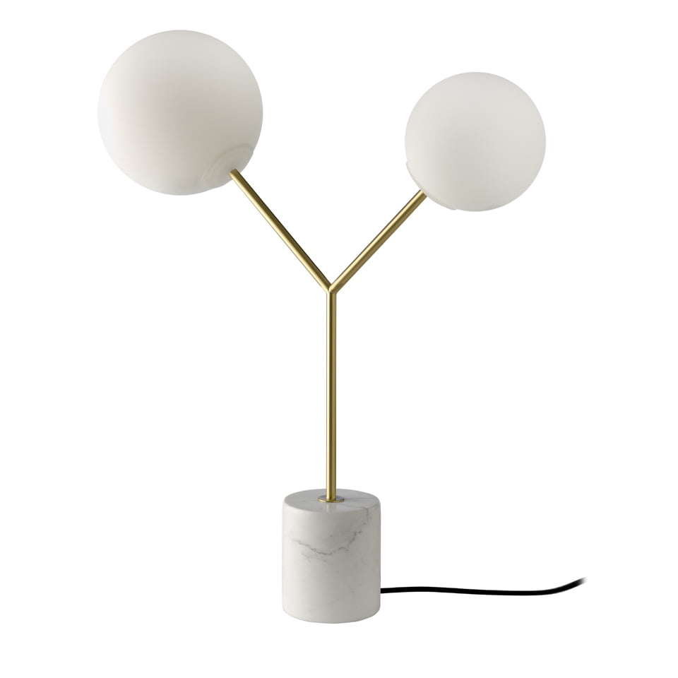 Table lamp in calacatta marble, gilded steel and white glass