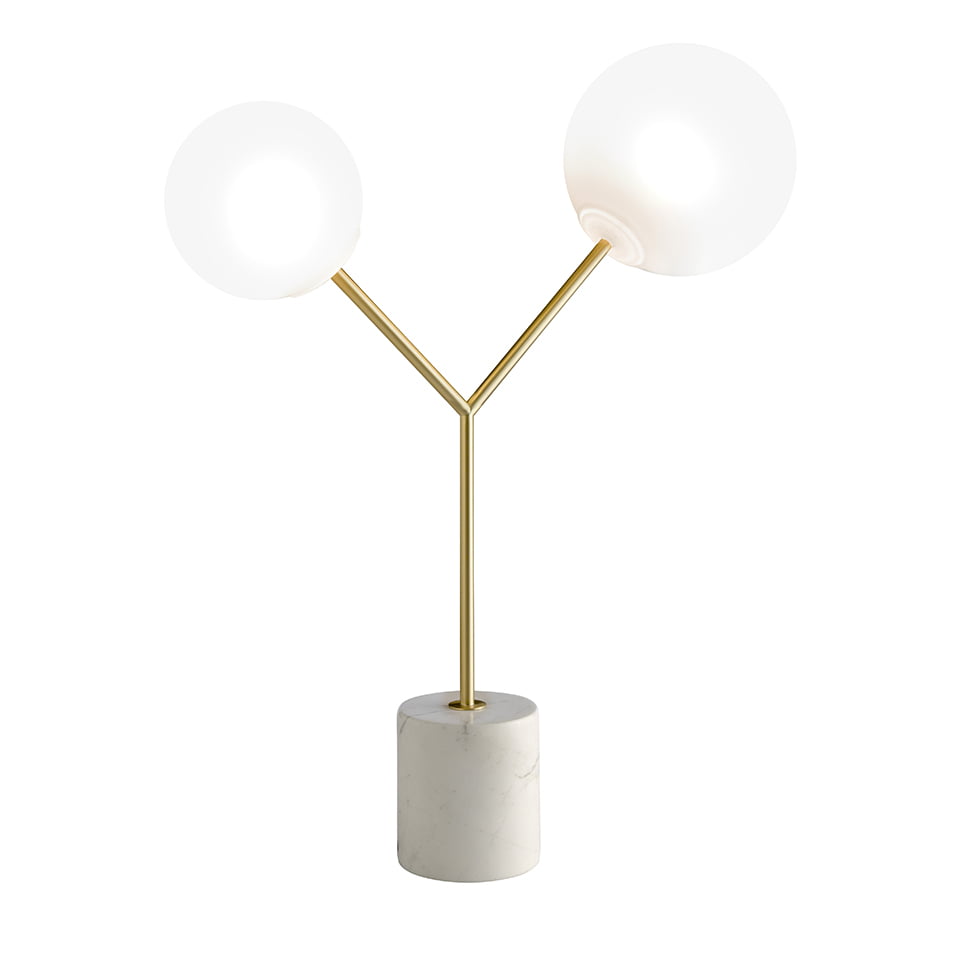 Table lamp in calacatta marble, gilded steel and white glass