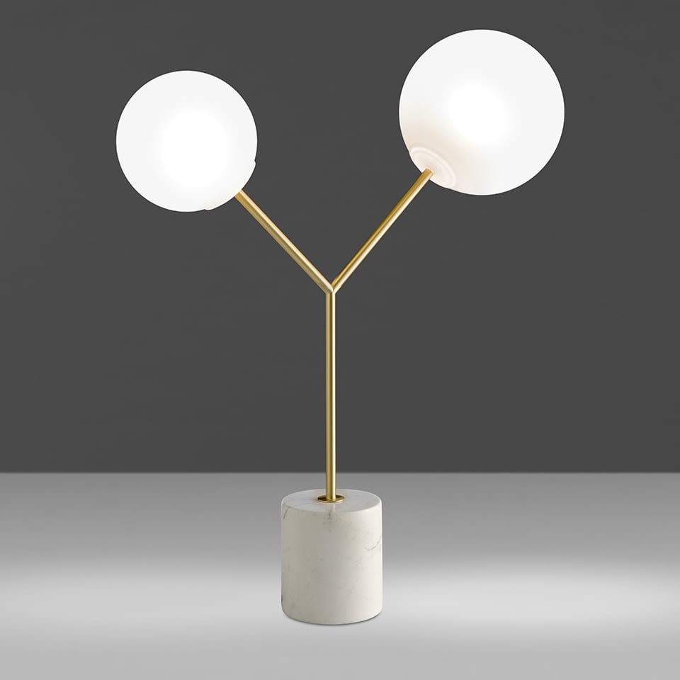 Table lamp in calacatta marble, gilded steel and white glass