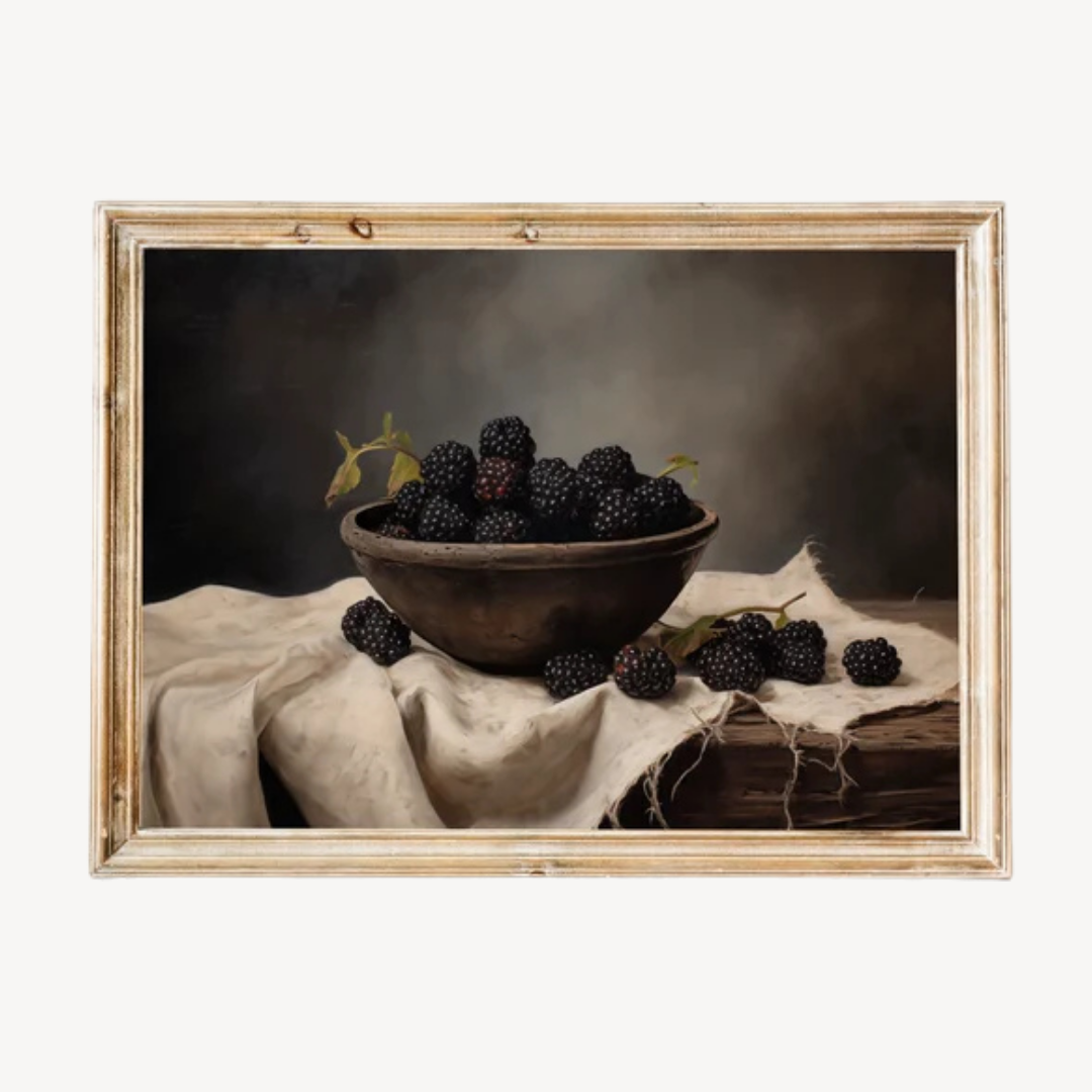 Bodegón de moras: arte imprimible de frutas vintage