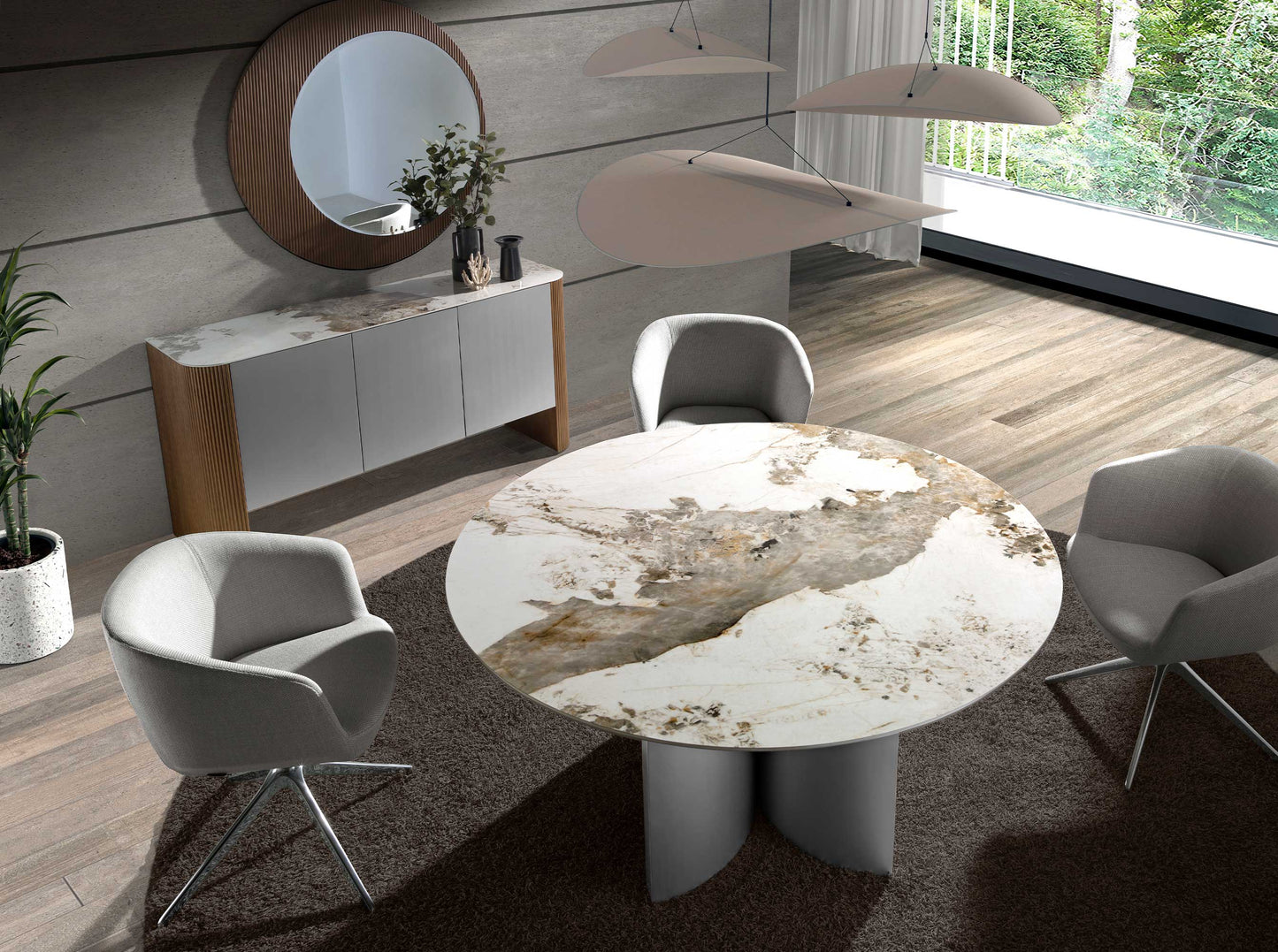 Round dining table in porcelain marble, walnut and silver-coloured wood