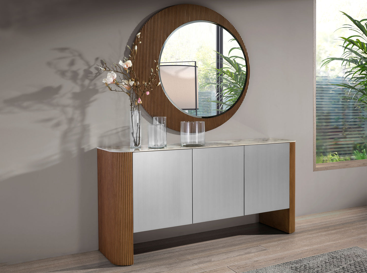 Sideboard silver wood, walnut and porcelain marble top