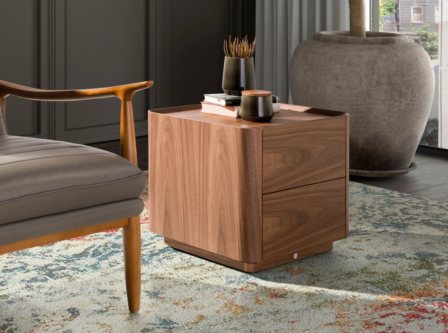 Walnut bedside table with lighting