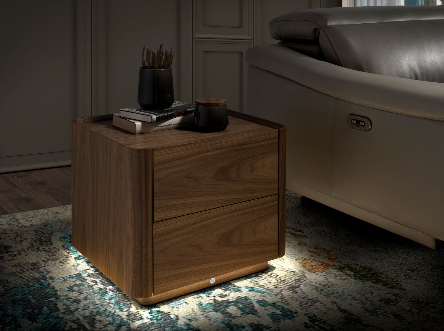 Walnut bedside table with lighting