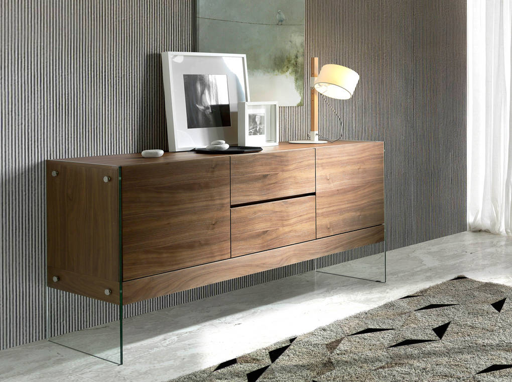 Walnut wood sideboard and tempered glass